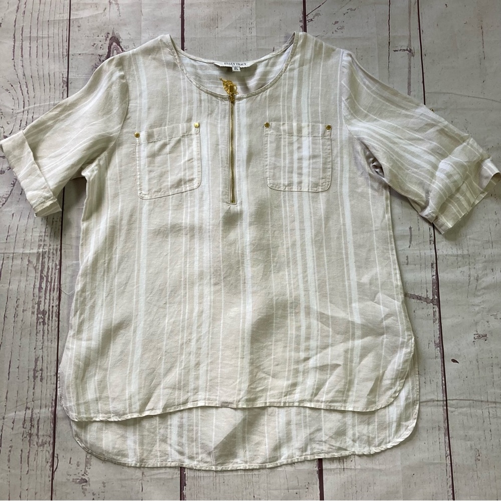Ellen Tracy L Large Beige 100% Linen Tunic Top Roll Tab Sleeve Gold Tassel Zip